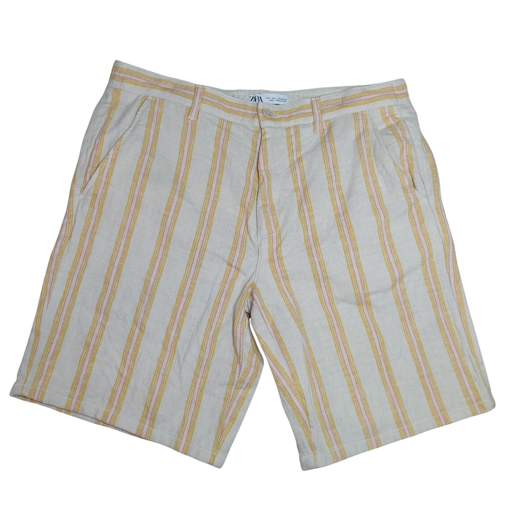 Zara Striped Shorts Mens L Yellow Pink Summer Resortwear Casual Flat Front Y2K